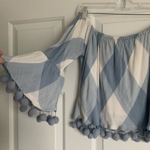 OFF SHOULDER- blue & white Pom Pom top!